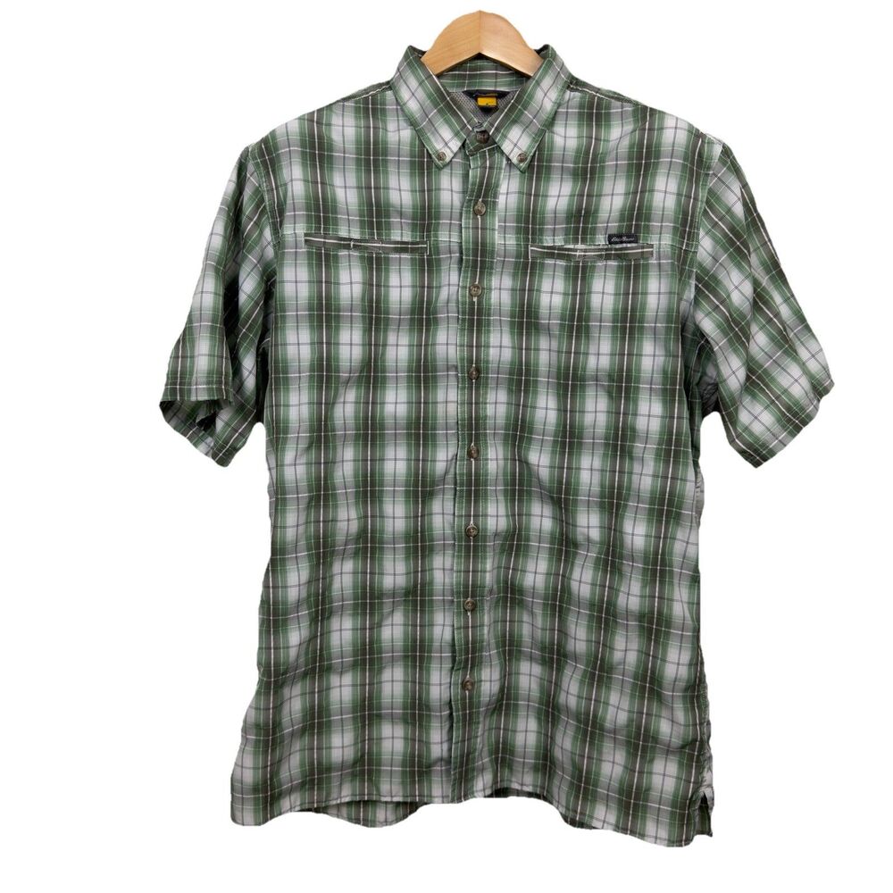 Eddie Bauer Travex Hiking Shirt Men’s LT Wicking S/S Plaid Button Up Green